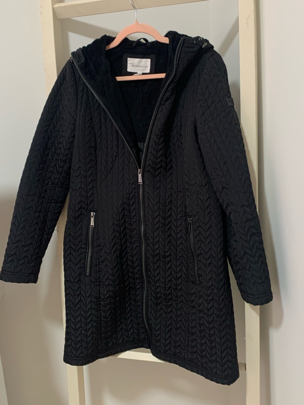 BCBGeneration Black Quilted Hooded Coat